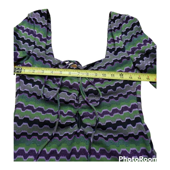 NWT Zara Purple Green Metallic Zig Zag Knit Keyhole Retro Mini Dress Size S - Picture 4 of 10